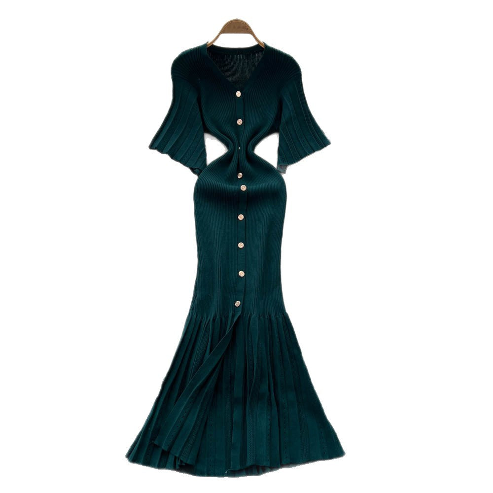 Elegant and chic v-neck metallic buckle slimming dress - women's summer french style cinched waist mermaid knit maxi dress