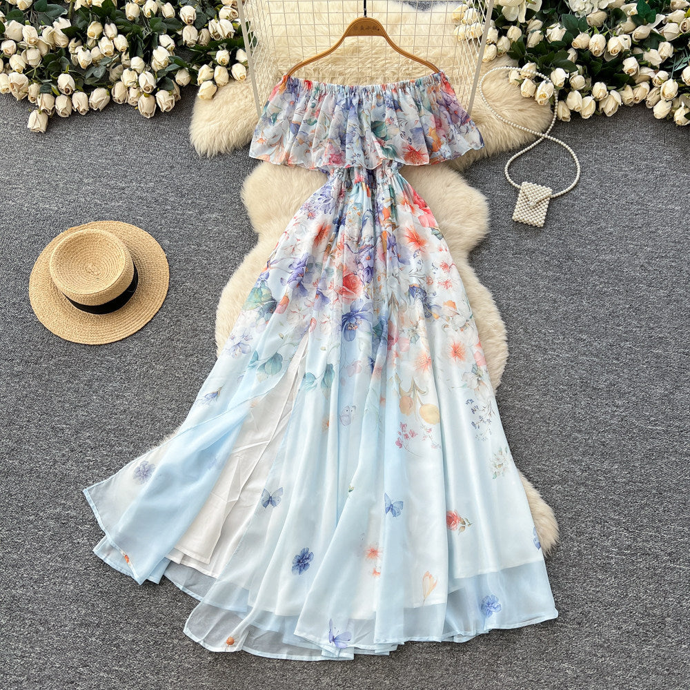 Vacation-style off-the-shoulder ruffle print dress - women's spring/summer korean high-waisted slimming elegant maxi dress
