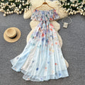 Vacation-style off-the-shoulder ruffle print dress - women's spring/summer korean high-waisted slimming elegant maxi dress