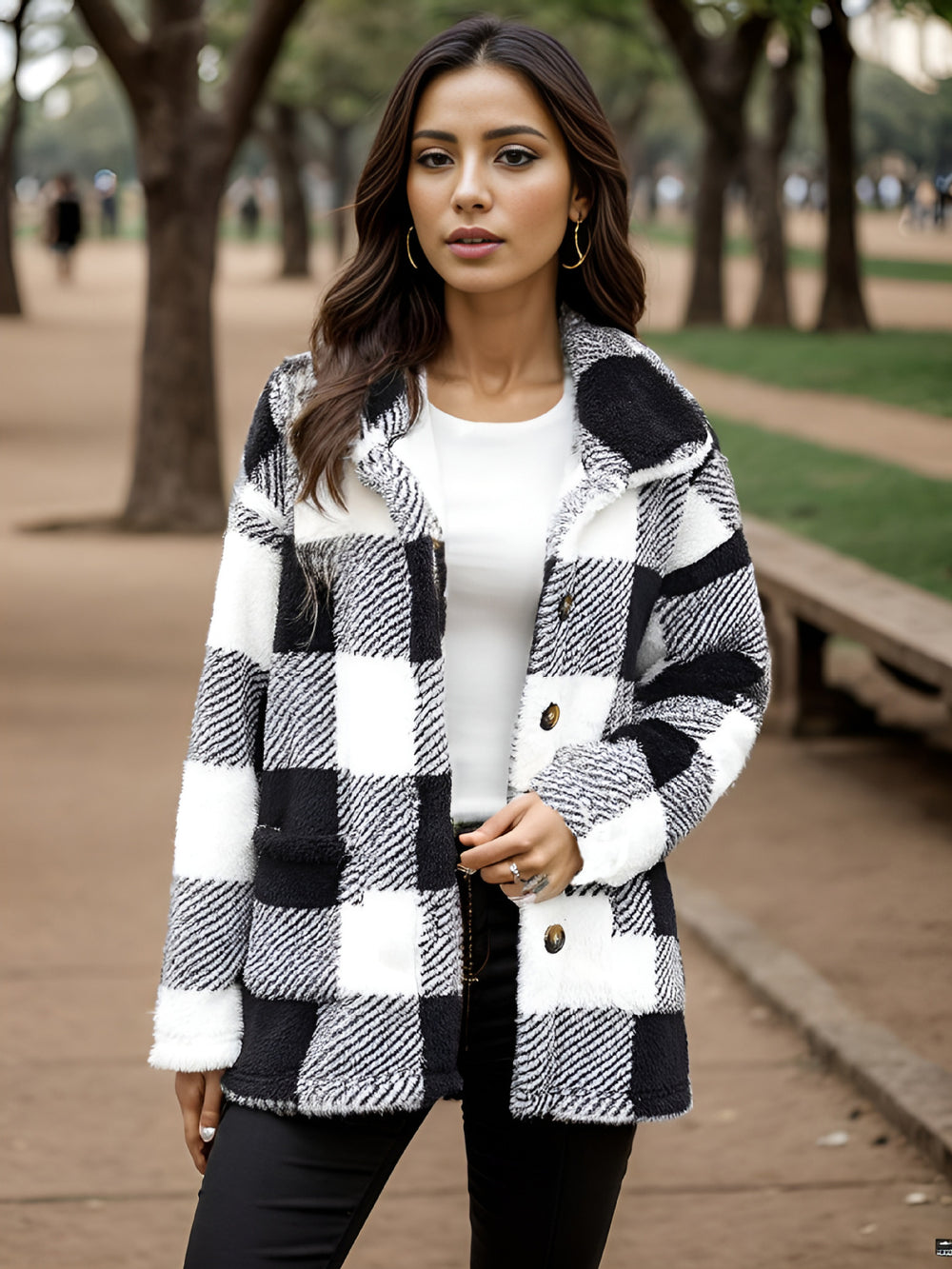 European and american plush women's clothing 2023 new amazon long-sleeved plaid button-down pocketed loose-fit mid-length coat