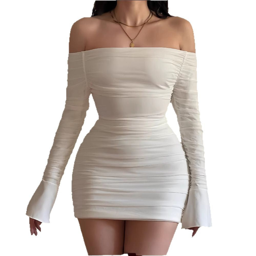 European and american cross-border women's fashion  spring new arrival: solid color flared long sleeve bandeau off-the-shoulder bodycon sexy dress