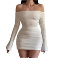 European and american cross-border women's fashion  spring new arrival: solid color flared long sleeve bandeau off-the-shoulder bodycon sexy dress