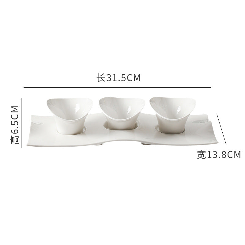 Creative irregular white ceramic sauce dish with tray, sauce bowl, hotel tableware, restaurant-grade cold dish bowl