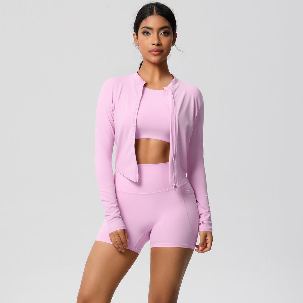 Solid color fleece-lined yoga set: quick-dry activewear with cloud-like comfort, featuring pockets – perfect for outdoor leisure, running, and fitness (3-piece set)