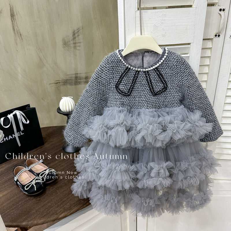 【in stock】girls' dress  new collection: chic tweed-style mesh princess dress, trendy kids' influencer cake dress
