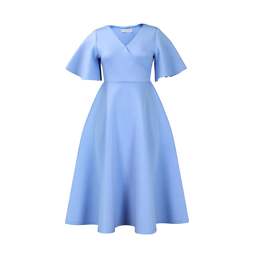 D3191 cross-border women's clothing  new style bell sleeves v neckfashionelegant large skirt dress european and american dress