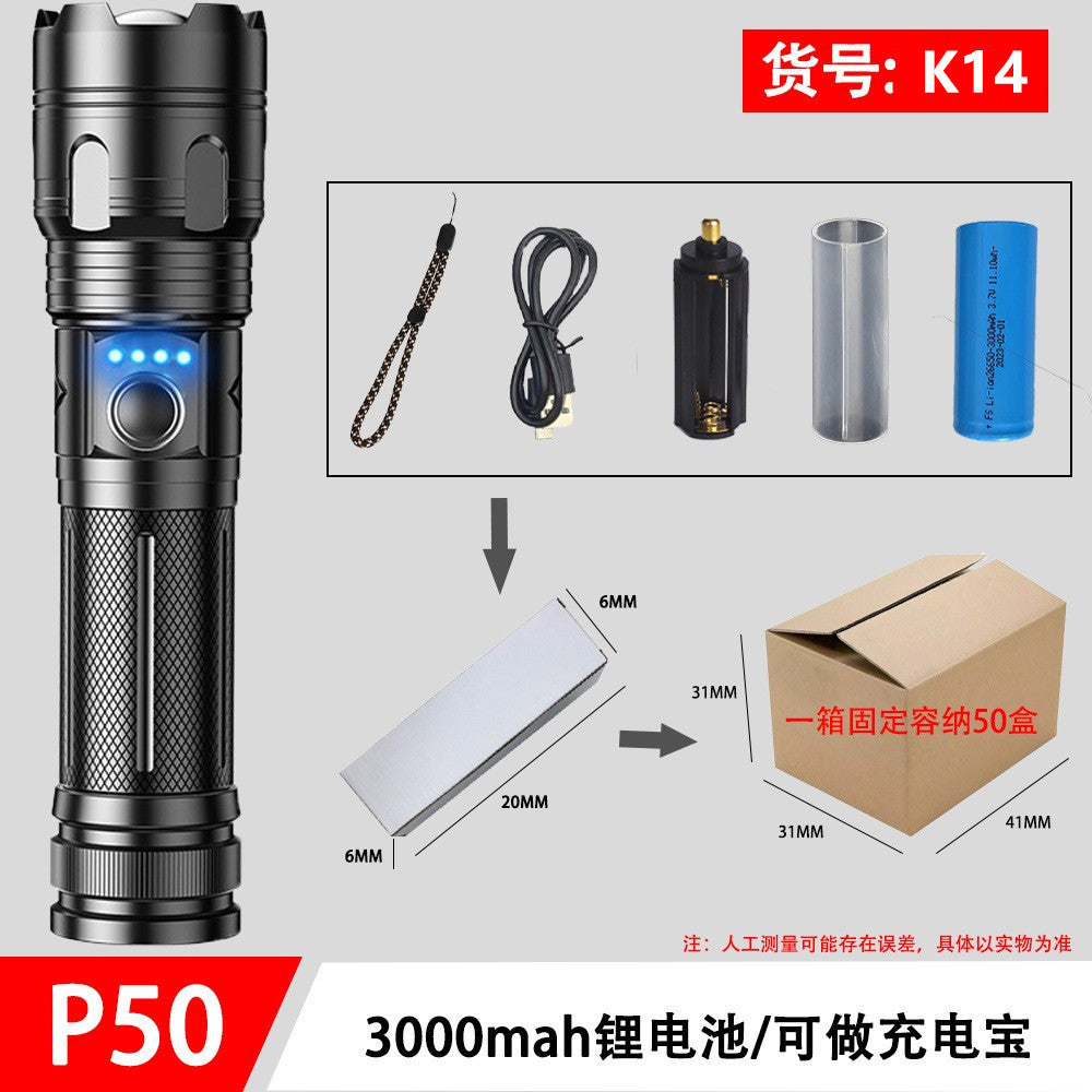 Cross-border P70 flashlight Type-C charging, strong light USB charging output, long-distance telescopic LED outdoor flashlight