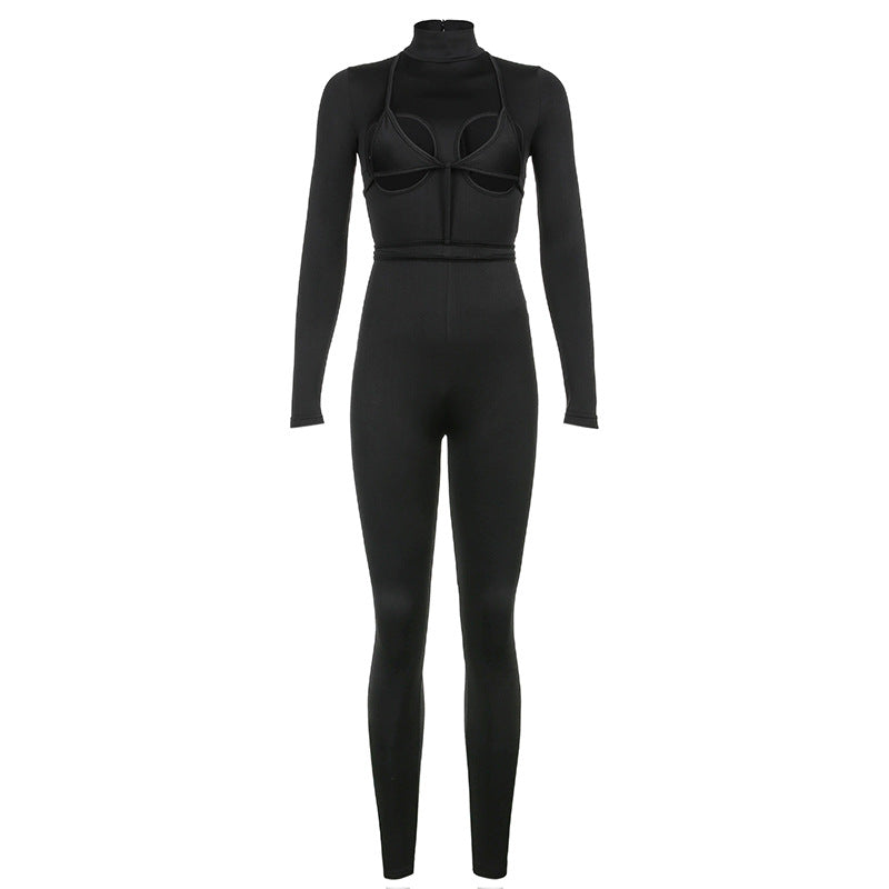 S7567 fashion European and American street sports style solid color hollow jumpsuit with suspender vest set two-piece set