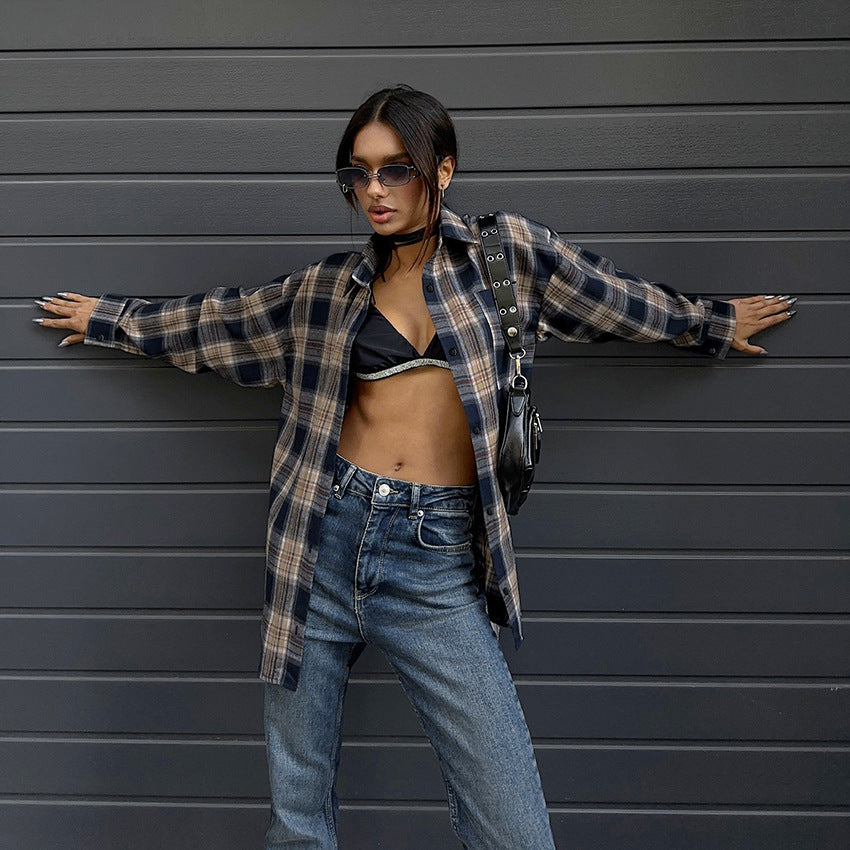 Cross-border European and American casual contrasting color plaid shirt women's 2024 autumn oversize loose medium and long cardigan shirt