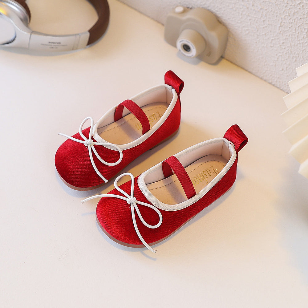 Ready-to-ship korean-style bow-tie princess leather shoes for kids, bean shoes, simple and stylish soft-soled flats for babies