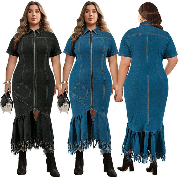 F218353 European and American  elegant wind large size women's denim dress  new product source manufacturer direct