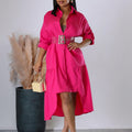 D3278export women's lapel pure colorfashionloosecasual button shirt skirt asymmetricalfashiondress