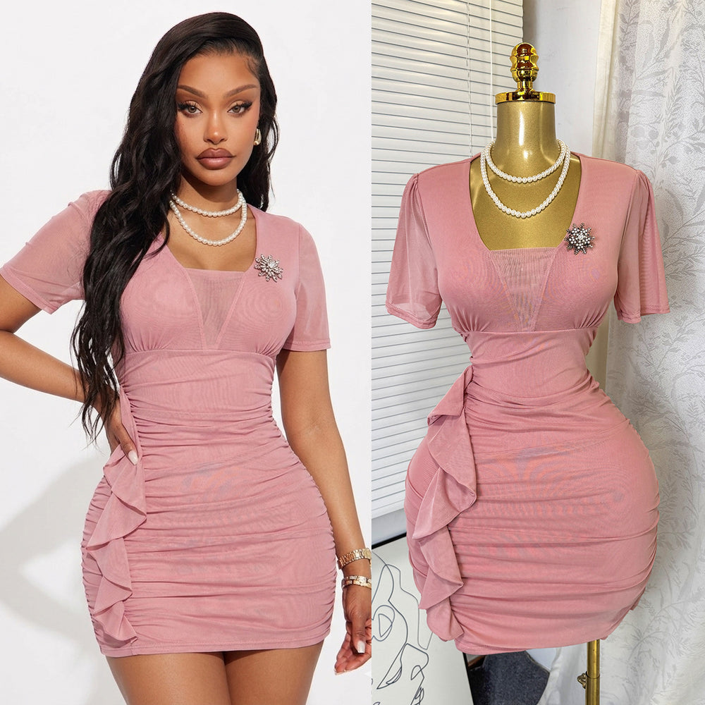 K-stylework clothing short-sleeved casualsilmdress women's summer purple v neck waist slimming look hip skirt a-line skirt