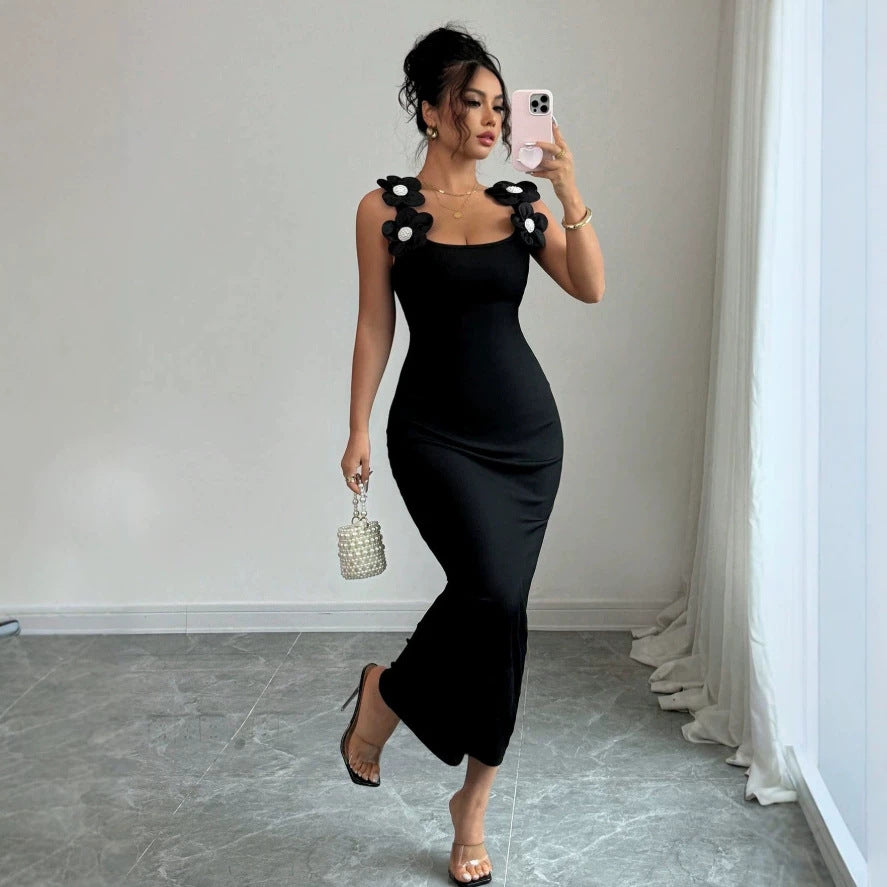 fashion cross-border summer women's three-dimensional pearl strap square neck black slim-fit bodycon dress