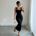 fashion cross-border summer women's three-dimensional pearl strap square neck black slim-fit bodycon dress
