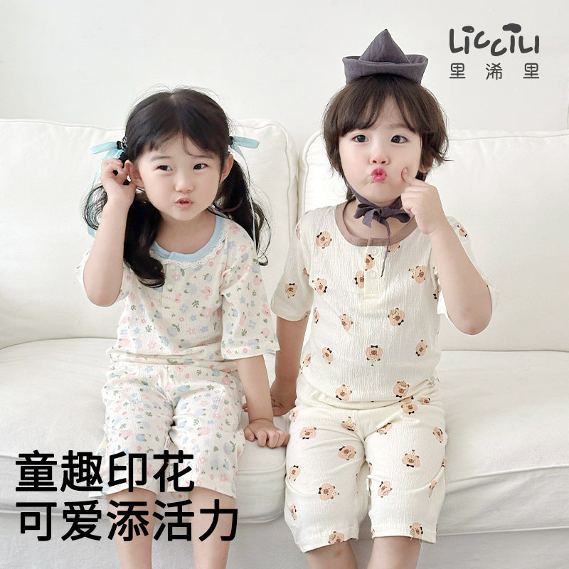 Summer lightweight crinkle cotton baby pure cotton air conditioning suit separates pajamas boys girls three-quarter sleeve loungewear