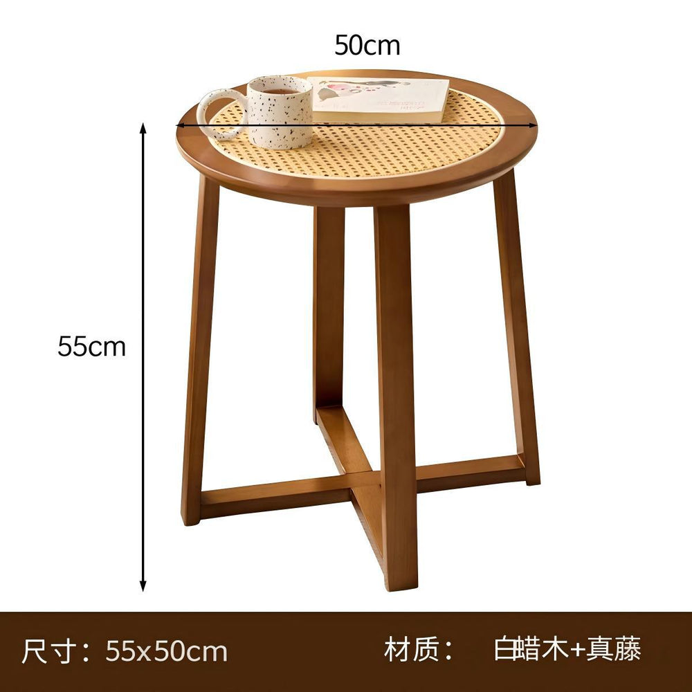 Solid wood rattan coffee table, medieval for home bedside living room, colorful style side table, rattan rubber wood round private residence