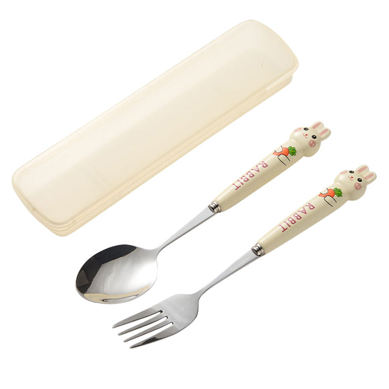 Cartoon rabbit portable cutlery set - 3-piece stainless steel spoon and chopsticks with ceramic handle