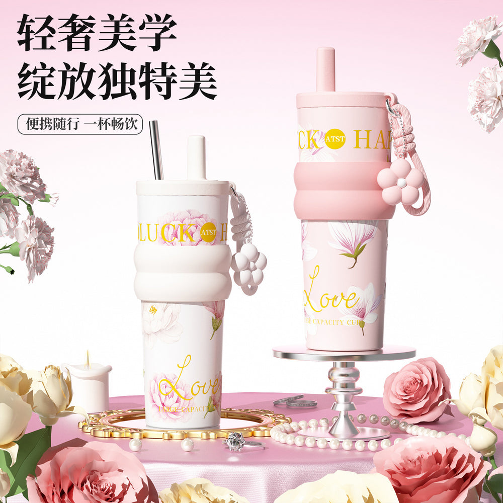 Blooming ice cup ceramic liner insulated cup cold cup large capacity good-looking water cup portable car straw cup