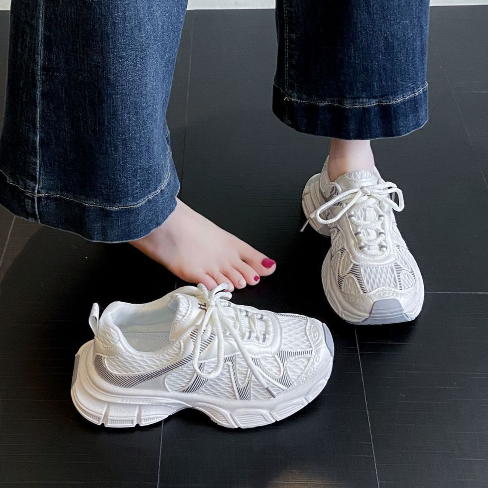 Girls' shoes: new  spring/autumn collection - breathable kids' sneakers, versatile white shoes for girls (sizes for mid-to-large children), and trendy chunky sneakers