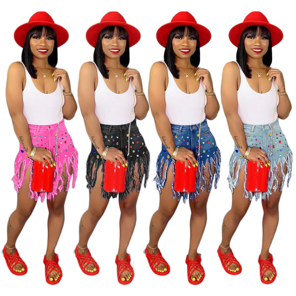 S390340 Cross-border wholesale Europe and the United States popular fringed polished denim shorts women's color casual diamond denim hot pants