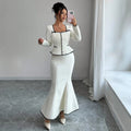 european and american new arrival: white and black color block chanel-inspired two-piece set - square neck cropped jacket with high-waisted bodycon fishtail skirt