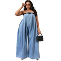 European and american style loose denim jumpsuit -  cross-border women's summer fashion sexy bandeau off-shoulder wide leg pants