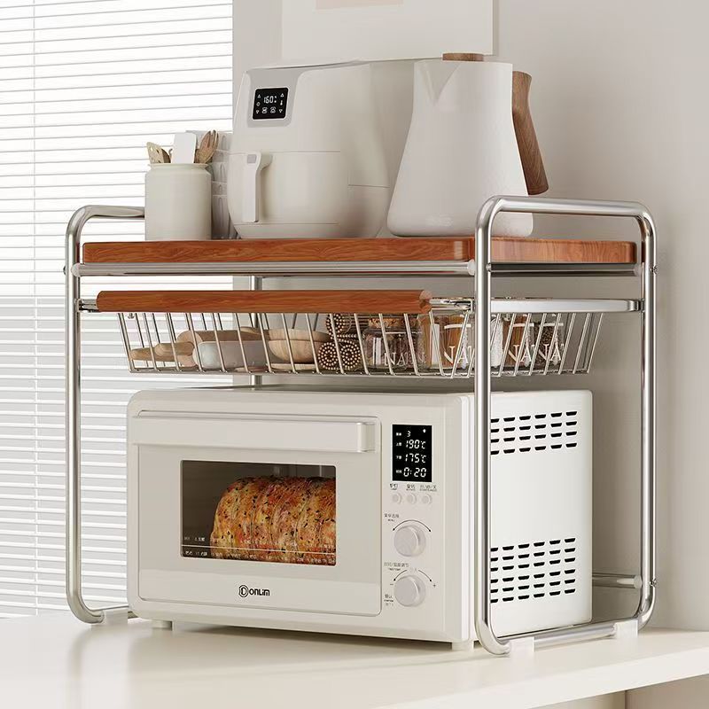 Vintage-style microwave oven shelf with pull-out basket, kitchen countertop organizer, rice cooker desktop storage rack