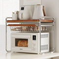 Vintage-style microwave oven shelf with pull-out basket, kitchen countertop organizer, rice cooker desktop storage rack
