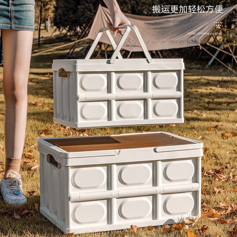 Multifunctional folding camping box Portable car food box Outdoor camping suitcase Multi-layer wooden cover folding box