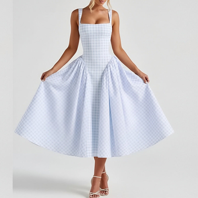 summer new women's clothing: cross-border export, european and american style, fashionable and elegant plaid square neck camisole waist-defining dress