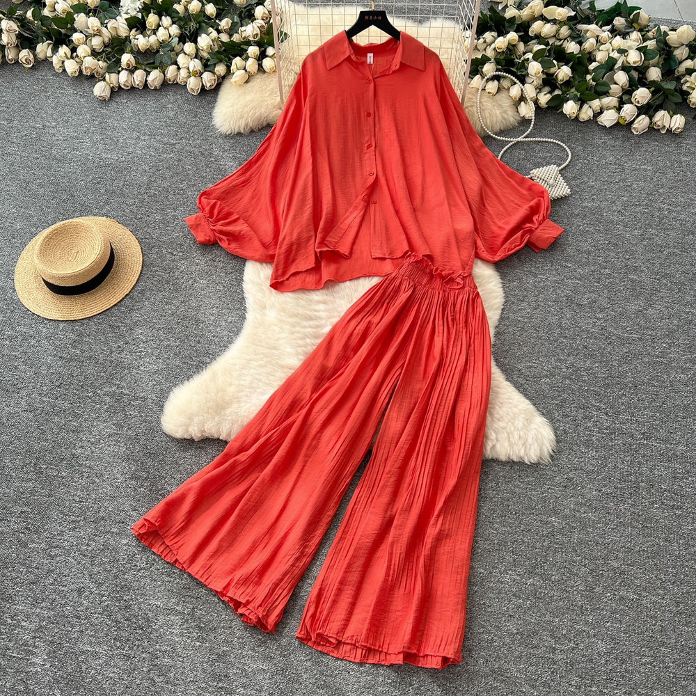 Fashion light mature style outfit for women looseslimming lookcasualeasiest for match lantern sleeve shirt high waist wide legstraight-leg pantssuit