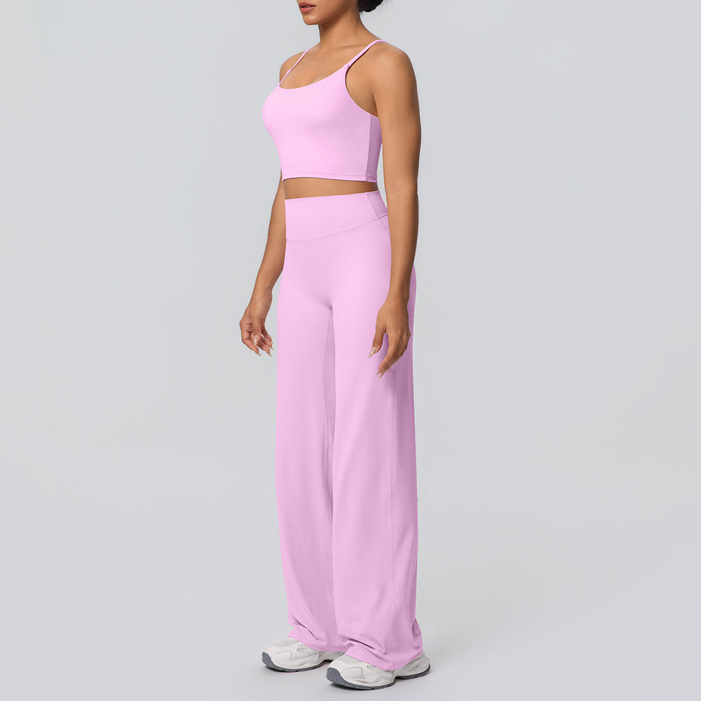 Sexy strappy back sports bra set with high-waisted wide-leg straight-leg yoga pants - perfect for outdoor leisure, running, and fitness