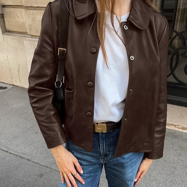 Vintage Maillard brown leather jacket women's high-end sense autumn and winter European and American lapel velvet leather jacket women's