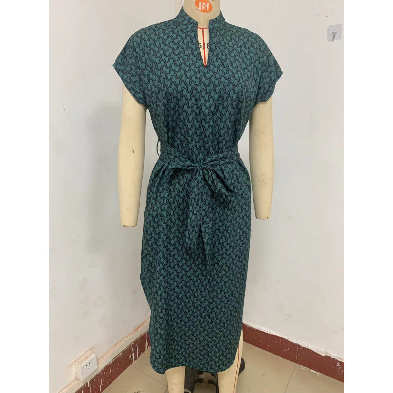 cross-border all-over print batwing sleeve drawstring dress