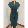 cross-border all-over print batwing sleeve drawstring dress
