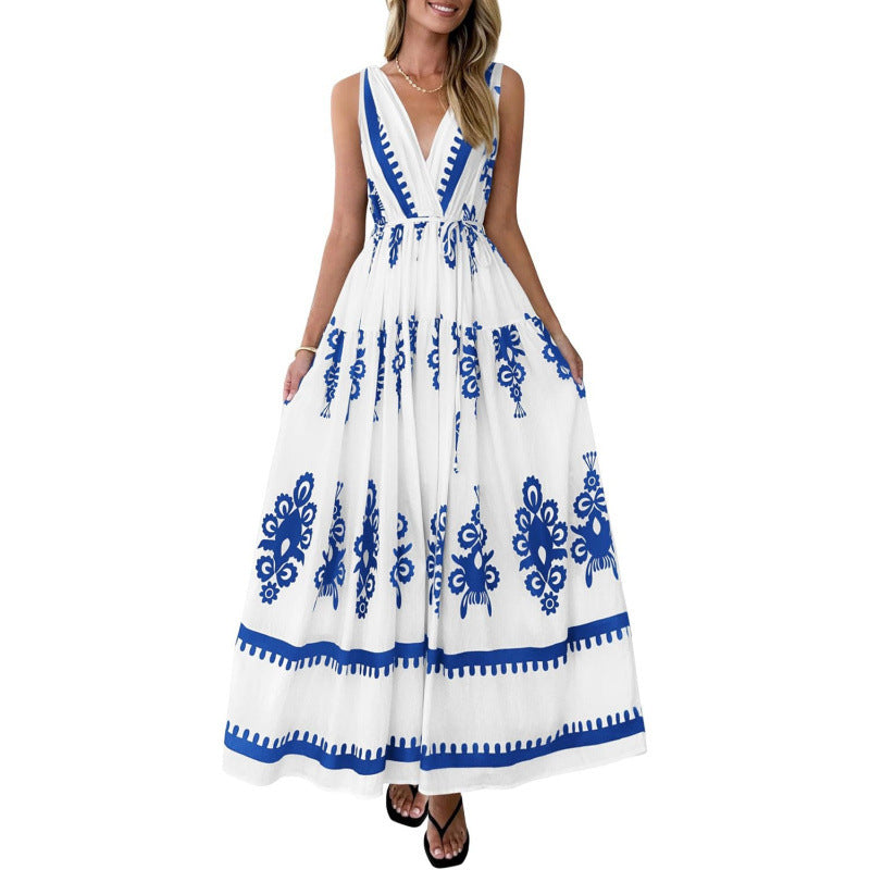 Amazon fashion v neck sleeveless suspender skirt women's  summer bohemia style beach vacation skirt