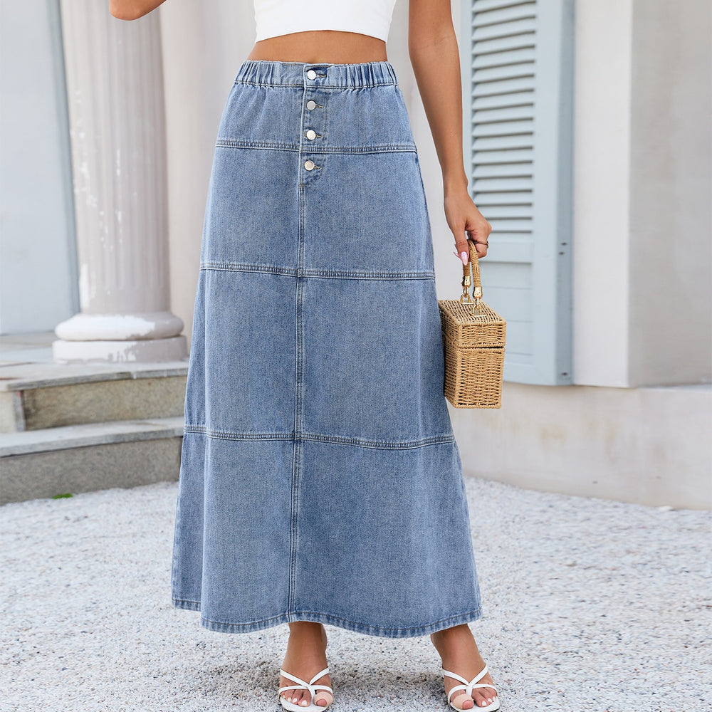 European and american cross-border e-commerce  new arrival elastic waist front button patchwork design versatile denim midi skirt for women