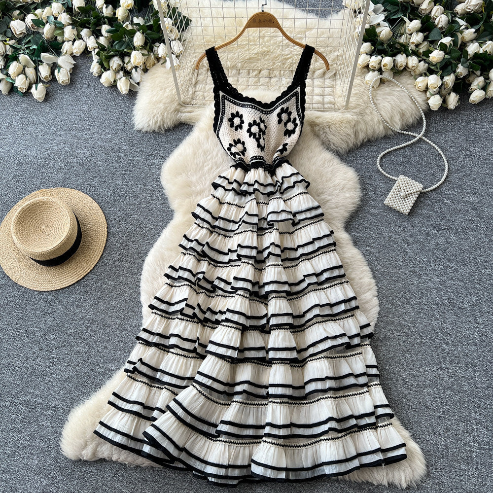 Gentle wind stripes suspender pure desire hook flower dress women's summer waist slimming look cake skirt french long skirt
