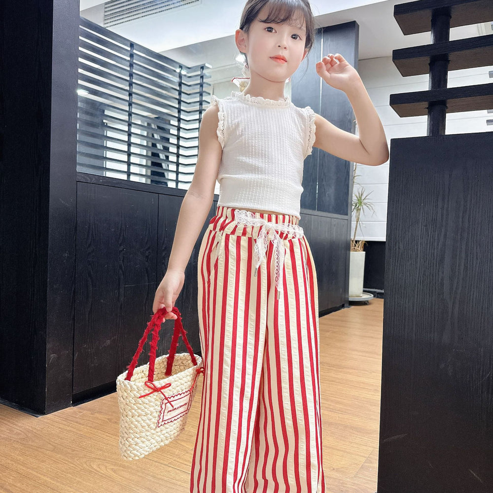 Girls' pants  new korean style kids striped lace waistband loose wide leg pants girls summer straight leg trousers