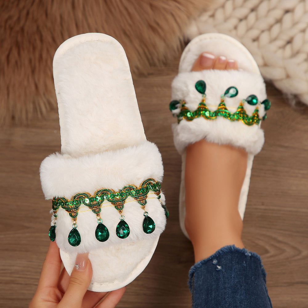 Thick sole fur slippers women's fall and winter indoor and outdoor 2025 new arrival tassel rhinestone stuffed slippers one-word cotton slippers women