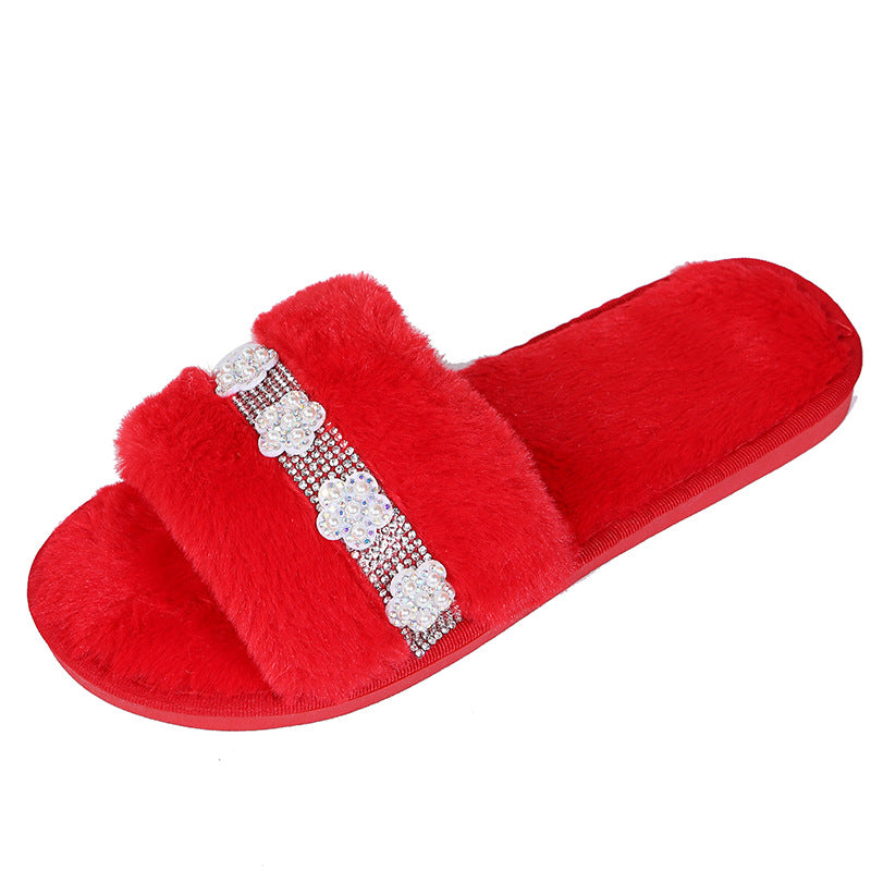 autumn and winter new arrivalk-style imitation rabbit stuffed fish mouth flower cotton slippers soft bottom home pure color cotton slippers dropshipping