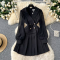 Black suit collar dress for women, 2024 autumn collection, high-end double-breasted design, cinched waist, long sleeves, pleated little black dress, mini skirt