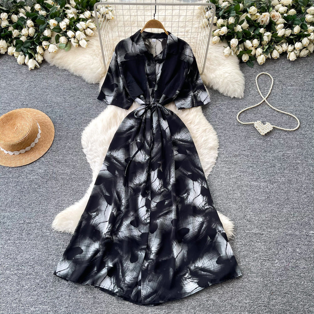 Frenchclassy sense of strap waist printingdress female k-style short-sleeved work clothingv neck a-line elegant long skirt