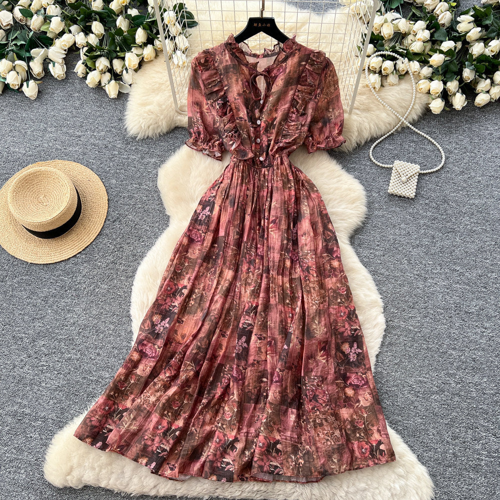 French romantic floral dress for women, summer , v-neck, puff sleeves, cinched waist, slimming, elegant maxi dress
