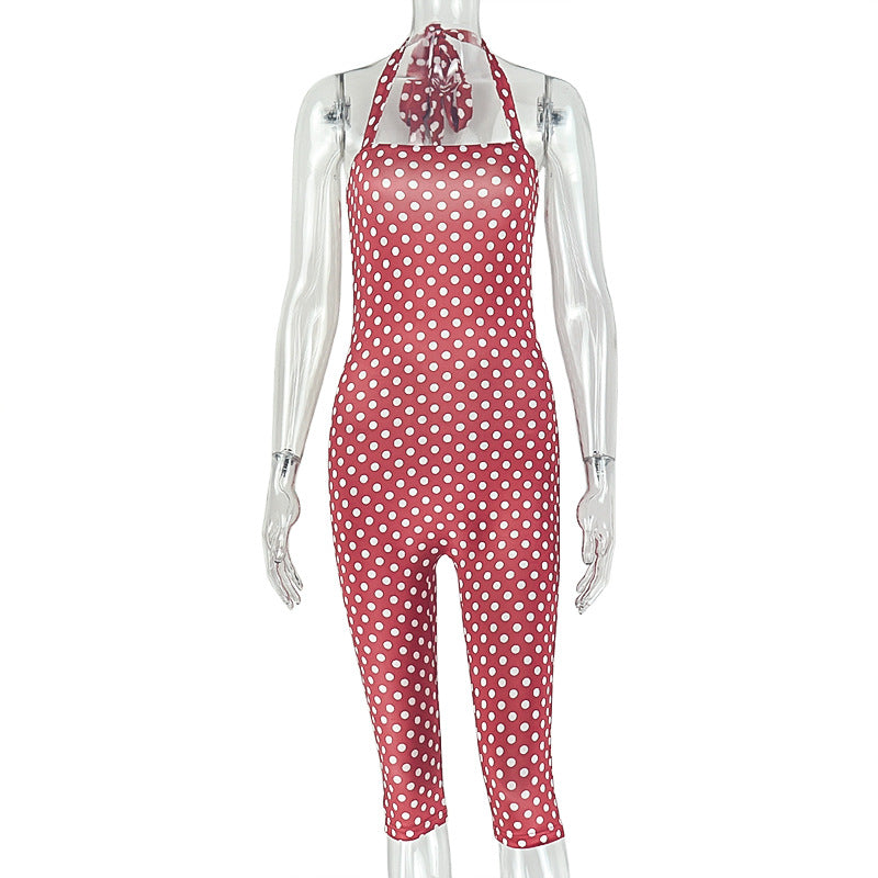 European and american style cross-border slim-fit sexy women's bandeau fashion print jumpsuit off-the-shoulder polka dot halter bodysuit