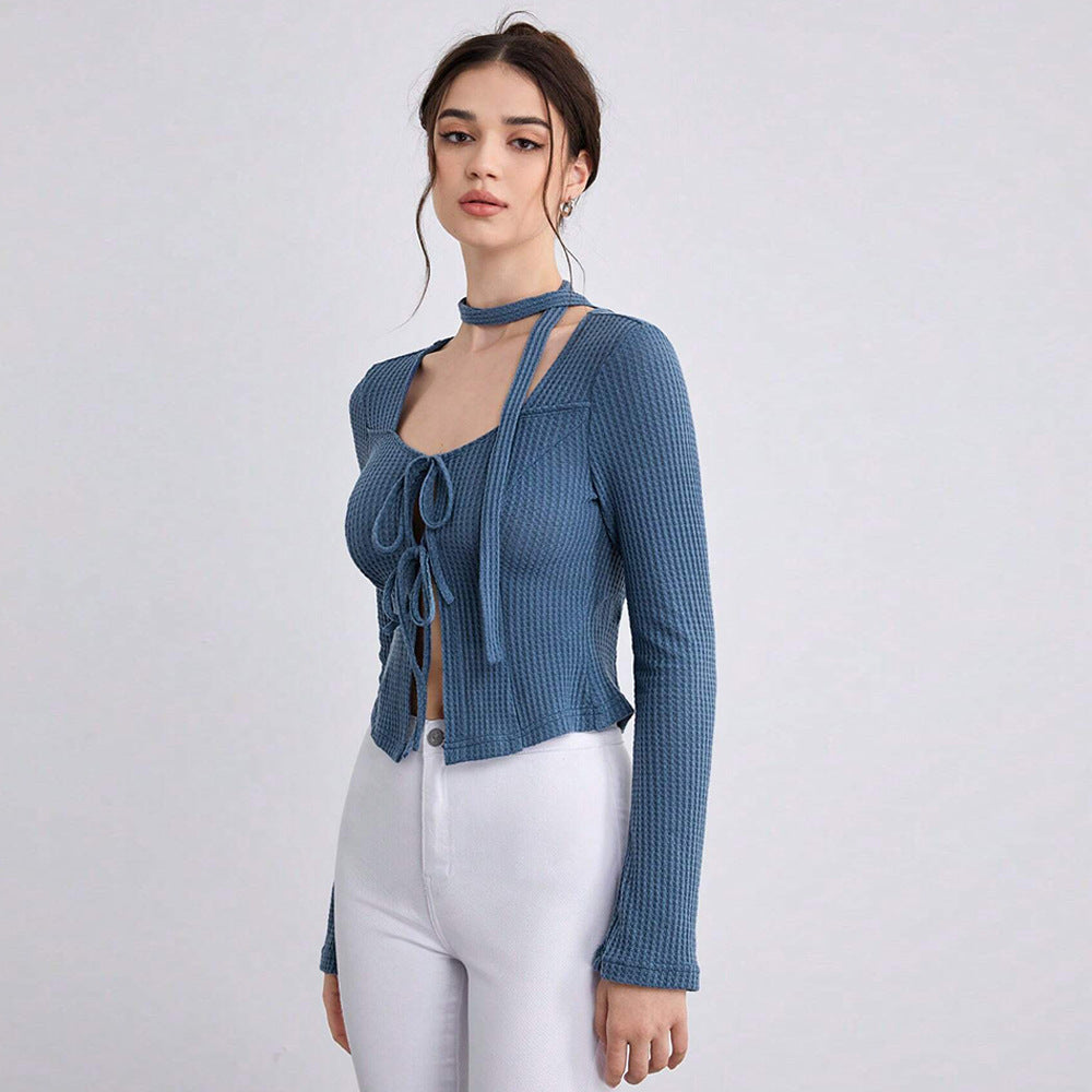 Cross-border European and American sexy cardigan 2024 autumn and winter women's clothing straps hollow waffle long-sleeved t-shirt temperament top