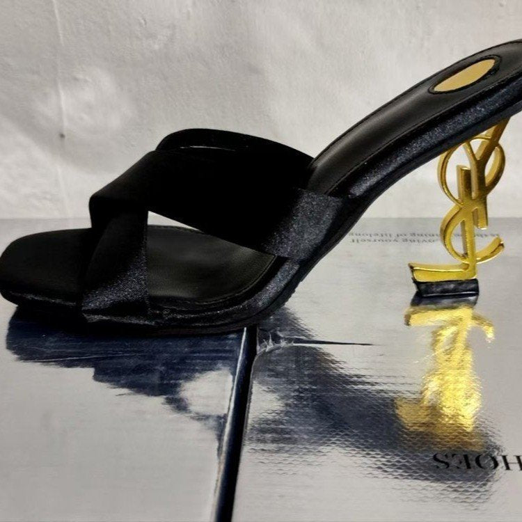 Factory in stock one-strap high-heeled sandals for women cross-strap export best selling special-shaped heels letter heels high-heeled shoes for women