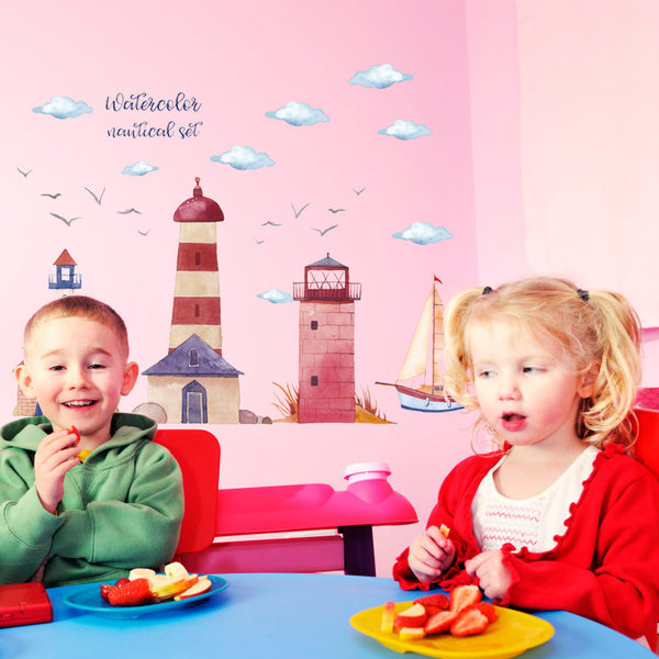 Cartoon hand-painted wall stickers, watercolor lighthouses, children's room, bedroom, kindergarten early education class decorative stickers HM92019