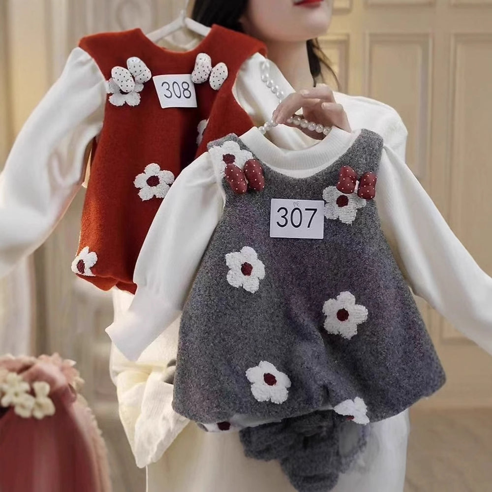 Girls' fleece-lined winter dress with floral appliqué set - new autumn/winter collection - stylish two-piece princess outfit with vest